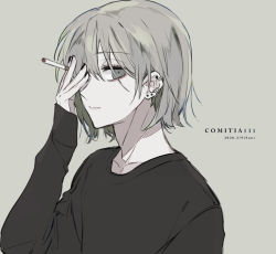 Rule 34 | 1girl, black shirt, cigarette, closed mouth, earrings, ebanoniwa, grey background, grey eyes, holding, holding cigarette, jewelry, long sleeves, looking at viewer, original, shirt, simple background, solo, upper body