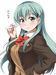Rule 34 | 1girl, :3, aqua hair, ascot, bow, bowtie, cardigan, grey eyes, hair ornament, hairclip, hand on own hip, kantai collection, long hair, looking at viewer, pregnancy test, red neckwear, remodel (kantai collection), school uniform, simple background, smile, smug, solo, suzuya (kancolle), upper body, white background, youkan