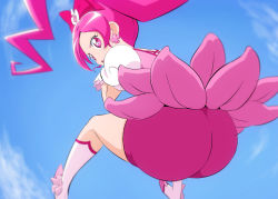 Rule 34 | 1girl, ass, bike shorts, blue sky, boots, bow, clothes lift, cure blossom, earrings, from behind, from below, fuchi (nightmare), hair bow, heartcatch precure!, hip attack, jewelry, knee boots, layered skirt, long hair, miniskirt, open mouth, parted bangs, pink hair, pink shorts, pink skirt, pink vest, ponytail, precure, red bow, red eyes, short shorts, short sleeves, shorts, shorts under skirt, skirt, skirt lift, sky, solo, very long hair, vest, white footwear, white sleeves