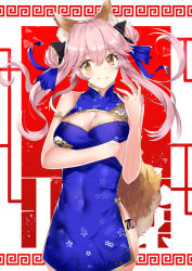 Rule 34 | 1girl, alternate costume, animal ear fluff, animal ears, armlet, bare arms, bare shoulders, blue dress, blue ribbon, breasts, china dress, chinese clothes, cleavage, commentary request, covered navel, cowboy shot, double bun, dress, fate/extra, fate (series), floral print, fox ears, fox tail, hair between eyes, hair bun, hair ribbon, hand up, head tilt, highres, large breasts, long hair, looking at viewer, moruchi (rinaka moruchi), panties, pink hair, ribbon, short dress, side-tie panties, side slit, sleeveless, sleeveless dress, smile, solo, standing, tail, tamamo (fate), tamamo no mae (fate/extra), twintails, underwear, white background, yellow eyes