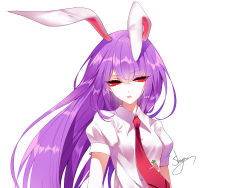 Rule 34 | 1girl, animal ears, artist name, bad id, bad pixiv id, blue sash, breasts, full body, hair between eyes, highres, long hair, looking at viewer, medium breasts, necktie, open mouth, puffy short sleeves, puffy sleeves, purple hair, rabbit ears, red eyes, red necktie, reisen udongein inaba, sash, sheya, shirt, short sleeves, signature, simple background, solo, touhou, upper body, v-shaped eyebrows, white background, white shirt, wing collar