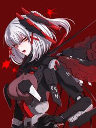 Rule 34 | 01pado pado, 1girl, breasts, cyborg, grey hair, hair ornament, headgear, highres, joints, mechanical parts, mechanical wings, medium breasts, medium hair, open mouth, punishing: gray raven, red background, robot joints, rosetta (punishing: gray raven), side ponytail, sidelocks, solo, teeth, twitter username, upper teeth only, wings, x hair ornament