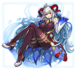 Rule 34 | 1girl, ass, bare shoulders, bell, black gloves, blue hair, bodystocking, bodysuit, border, breasts, brown bodysuit, chinese knot, commentary, commission, cosplay, cowbell, crossed legs, curled horns, detached sleeves, dress, fire emblem, fire emblem heroes, freyja (fire emblem), full body, ganyu (genshin impact), ganyu (genshin impact) (cosplay), genshin impact, gloves, goat horns, gold trim, gurimjang, hair between eyes, hand on own chest, high heels, highres, horns, invisible chair, large breasts, long hair, looking at viewer, multicolored hair, nintendo, outline, parted lips, pixiv commission, red eyes, red horns, sidelocks, silver hair, sitting, smile, solo, thighs, two-tone hair, vision (genshin impact), white background, white dress, white footwear, white sleeves