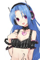 Rule 34 | 1girl, 5pb (neptunia), blue hair, buran buta, headphones, highres, navel, neptune (series), open mouth, pink eyes, simple background, smile, solo, tattoo, white background