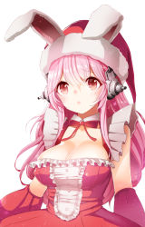 Rule 34 | 1girl, animal ears, belt, bettols, blush, breasts, cleavage, detached collar, detached sleeves, dress, hat, headphones, highres, large breasts, long hair, nitroplus, pink eyes, pink hair, rabbit ears, santa hat, simple background, solo, super sonico, white background