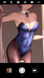 Rule 34 | 1girl, armpits, bare shoulders, blue leotard, blue ribbon, blur censor, blurry, braid, breasts, brown hair, censored, cleavage, collarbone, curtains, detached collar, female focus, fitting room, grin, hand on own thigh, head out of frame, highres, idolmaster, idolmaster million live!, idolmaster million live! theater days, leg lift, leg up, leotard, medium breasts, nakamura rohane, naughty face, nipples, open mouth, pantyhose, parted lips, fake phone screenshot, playboy bunny, ribbon, sakuramori kaori, sideboob, smile, strapless, strapless leotard, thighs, toned