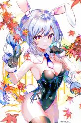 Rule 34 | 1girl, absurdres, animal ear fluff, animal ears, autumn leaves, black gloves, black leotard, black thighhighs, blue hair, blue necktie, blush, braid, breasts, cleavage, clenched hand, closed mouth, commentary, covered navel, detached collar, english commentary, fur-trimmed gloves, fur trim, gloves, highres, hololive, leotard, long hair, medium breasts, necktie, orange eyes, playboy bunny, rabbit-shaped pupils, rabbit ears, rabbit girl, short eyebrows, short necktie, smile, sowon, strapless, strapless leotard, symbol-shaped pupils, thick eyebrows, thighhighs, twin braids, twitter username, usada pekora, v, virtual youtuber