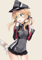 Rule 34 | 10s, 1boy, 1girl, admiral (kancolle), anchor hair ornament, azuuru (azure0608), blonde hair, blush, gloves, hair ornament, hat, jpeg artifacts, kantai collection, long hair, long sleeves, looking back, microskirt, military, military uniform, open mouth, peaked cap, prinz eugen (kancolle), simple background, skirt, twintails, uniform, white gloves