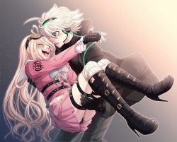 Rule 34 | 1boy, 1girl, :d, ahoge, antenna hair, black footwear, black gloves, black jacket, black panties, blonde hair, blush, boots, bow, cable, carrying, cheer (cheerpuppy14), closed eyes, commentary, danganronpa (series), danganronpa v3: killing harmony, english commentary, gloves, goggles, goggles on head, gradient background, green bow, grey eyes, grey pants, happy, headphones, holding person, iruma miu, jacket, k1-b0, long hair, long sleeves, looking down, messy hair, o-ring, open mouth, over-kneehighs, panties, pants, pink shirt, pink skirt, princess carry, shirt, skirt, smile, teeth, thighhighs, underwear, upper teeth only, white hair, white shirt