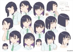 Rule 34 | 1girl, :t, artist request, black hair, blunt bangs, blunt ends, character name, character sheet, check artist, collared shirt, copyright notice, do it yourself!!, frown, green necktie, looking at viewer, matsuo yuusuke, multiple views, necktie, official art, pout, red eyes, shirt, short hair, simple background, smile, straight hair, suride miku, sweatdrop, upper body, white background, white shirt