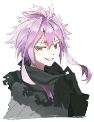 Rule 34 | 1boy, black capelet, black gloves, capelet, chinese commentary, colored eyelashes, commentary request, gloves, grey shirt, grin, hair between eyes, hair intakes, highres, long sleeves, male focus, nijou ryuu, patchwork skin, pink hair, portrait, red eyes, saibou shinkyoku, shirt, short hair with long locks, simple background, singularity (32768709), smile, solo, torn capelet, torn clothes, uneven eyes, white background