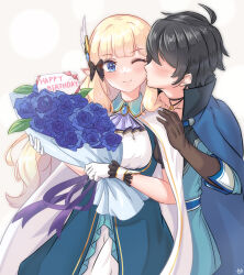 Rule 34 | 1boy, 1girl, absurdres, ahoge, arada (corsair zero), black bow, black gloves, blonde hair, blue cape, blue dress, blue eyes, blue flower, blue rose, blue shirt, blush, bouquet, bow, cape, commentary request, dress, elf, flower, gloves, hair bow, happy birthday, hetero, highres, holding, holding bouquet, kiss, kissing cheek, long hair, looking at viewer, one eye closed, pointy ears, princess connect!, rose, saren (princess connect!), shirt, white cape, white gloves, wing hair ornament, yuuki (princess connect!)
