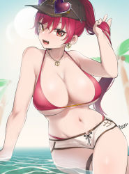 Rule 34 | 1girl, :d, adjusting hair, arm support, artist name, bare shoulders, bikini, bikini under clothes, black hat, boca, breasts, cleavage, collarbone, cowboy shot, crossed legs, earrings, hand up, hat, heart, heart earrings, heterochromia, highres, hololive, houshou marine, houshou marine (summer), jewelry, large breasts, leaning to the side, long hair, looking at viewer, micro shorts, navel, necklace, open mouth, palm tree, partially submerged, ponytail, red bikini, red eyes, shorts, signature, sitting, smile, solo, swimsuit, thigh strap, tree, virtual youtuber, wading, water, wet, whale tail (clothing), white background, white shorts, yellow eyes