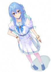 Rule 34 | 1girl, absurdres, black footwear, blue bow, blue bowtie, blue choker, blue eyes, blue hair, blush, bow, bowtie, choker, closed mouth, colored inner hair, dress, hand on own hip, highres, hololive, hoshimachi suisei, hoshimachi suisei (school uniform), kisara mikami, loafers, long hair, looking at viewer, multicolored hair, one side up, pleated dress, rain, sailor collar, sailor dress, school uniform, serafuku, shoes, short dress, smile, solo, star (symbol), star bracelet, star in eye, symbol in eye, virtual youtuber, white dress, white sailor collar
