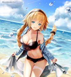 Rule 34 | 1girl, :d, ayakawa riku, beach, bikini, black bikini, black bow, black hairband, blonde hair, blue eyes, blue jacket, blue sky, blurry, bow, braid, breasts, cleavage, collarbone, commentary request, day, depth of field, fate/grand order, fate (series), frilled bikini, frills, front-tie bikini top, front-tie top, hair bow, hairband, holding, horizon, jacket, jeanne d&#039;arc (fate), jeanne d&#039;arc (ruler) (fate), jeanne d&#039;arc (swimsuit archer) (fate), jeanne d&#039;arc (swimsuit archer) (first ascension) (fate), large breasts, leaning forward, long hair, long sleeves, navel, ocean, off shoulder, open clothes, open jacket, open mouth, outdoors, single bare shoulder, single braid, sky, smile, solo, stomach, swimsuit, thigh gap, thigh strap, towel, twitter username, very long hair, water, water drop