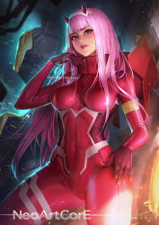 Rule 34 | 1girl, bodysuit, breasts, cleavage, covered erect nipples, darling in the franxx, groin, hair between eyes, horns, large breasts, long hair, looking at viewer, navel, neoartcore, pink hair, skin tight, solo, stomach, straight hair, very long hair, zero two (darling in the franxx)