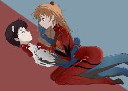 Rule 34 | 1boy, 1girl, absurdres, artist request, black hair, blue eyes, blush, bodysuit, breasts, brown hair, closed mouth, couple, curvy, hair between eyes, hand on another&#039;s mouth, highres, ikari shinji, lips, long hair, looking at another, neon genesis evangelion, plugsuit, red bodysuit, shiny clothes, shirt, short hair, short sleeves, simple background, sitting, sitting on person, souryuu asuka langley, upper body