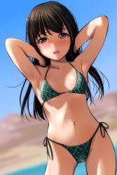 Rule 34 | 1girl, absurdres, arms behind head, arms up, bikini, black hair, blurry, blurry background, blush, brown eyes, commentary request, depth of field, full-face blush, green bikini, highres, long hair, looking at viewer, matsunaga kouyou, open mouth, original, print bikini, pyramid (structure), sand, side-tie bikini bottom, smile, solo, standing, swimsuit