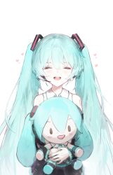 Rule 34 | 1girl, ^ ^, ^o^, absurdres, aqua hair, blush, closed eyes, detached sleeves, closed eyes, hair between eyes, hatsune miku, headphones, heart, heart print, highres, long hair, nail polish, hugging object, own hands together, round teeth, rsef, shirt, shoulder tattoo, simple background, sleeveless, sleeveless shirt, smile, solo, stuffed toy, tattoo, teeth, twintails, upper body, very long hair, vocaloid, white background