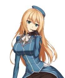 Rule 34 | 1girl, atago (kancolle), bad id, bad pixiv id, black gloves, black pantyhose, blonde hair, blue hat, blush, breasts, ghound, gloves, hat, highres, kantai collection, large breasts, long hair, long sleeves, looking at viewer, pantyhose, parted lips, simple background, smile, solo, upper body, white background