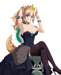 Rule 34 | 1girl, absurdres, arm up, armpits, artist request, bare shoulders, blonde hair, blue eyes, bowsette, breasts, cleavage, covered navel, grin, high heels, highres, horns, large breasts, long hair, mario (series), new super mario bros. u deluxe, nintendo, pointy ears, pumps, shoes, smile, solo, standing, tagme, thighhighs, thwomp
