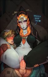 Rule 34 | 1boy, 1girl, blonde hair, blush, breasts, english text, erection, closed eyes, fingerless gloves, gloves, hand on another&#039;s head, hetero, highres, large breasts, link, long hair, midna, midna (true), navel, nintendo, nipples, open mouth, orange hair, penis, pussy, red eyes, sex, testicles, the legend of zelda, the legend of zelda: twilight princess, uncensored, vaginal, yellowroom