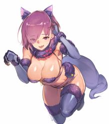 Rule 34 | :d, animal ears, artist name, bent over, bow, breasts, cleavage, elbow gloves, eyes visible through hair, fang, fate/grand order, fate (series), fingernails, full body, fur trim, gloves, hair over one eye, tucking hair, large breasts, mash kyrielight, mash kyrielight (dangerous beast), navel, o-ring, o-ring top, official alternate costume, olys, open mouth, purple eyes, purple gloves, purple hair, purple thighhighs, revealing clothes, sharp fingernails, short hair, simple background, smile, solo, sweat, sweatdrop, tail, thighhighs, twitter username, white background, wolf ears, wolf tail