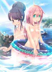 Rule 34 | 2girls, ahoge, beach, blue hair, breasts, censored, censored nipples, cloud, commentary request, convenient censoring, covering crotch, covering privates, gc3, green eyes, hair bun, highres, innertube, kagamihara nadeshiko, long hair, multiple girls, navel, nude, ocean, open mouth, outdoors, pink hair, purple eyes, shima rin, single hair bun, sky, small breasts, swim ring, wading, water, waving, yurucamp