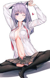 Rule 34 | 1girl, ;), animal ear fluff, animal ears, arms up, black thighhighs, blush, breast pocket, breasts, cat ears, cleavage, closed mouth, collared shirt, dress shirt, grey skirt, gu luco, heart, highres, indian style, long hair, long sleeves, looking at viewer, medium breasts, miniskirt, navel, no bra, one eye closed, open clothes, open shirt, original, panties, pantyshot, pleated skirt, pocket, purple eyes, purple hair, shirt, simple background, sitting, skirt, smile, solo, straight hair, stretching, thighhighs, unbuttoned, unbuttoned shirt, underwear, upskirt, white background, white panties, white shirt, wing collar