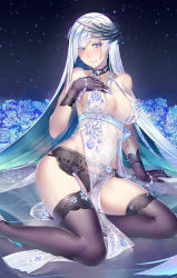 Rule 34 | 1girl, artoria pendragon (fate), artoria pendragon (lancer alter) (fate), artoria pendragon (lancer alter) (fate) (cosplay), artoria pendragon (lancer alter) (royal icing) (fate), artoria pendragon (lancer alter) (royal icing) (fate) (cosplay), babydoll, black gloves, black panties, black thighhighs, blue flower, blue rose, blush, breasts, brynhildr (fate), choker, cosplay, earrings, embarrassed, fate/grand order, fate (series), flower, full body, garter belt, gloves, hair over one eye, hand on own chest, headpiece, highres, jewelry, jikeshi, lingerie, long hair, looking at viewer, medium breasts, nose blush, official alternate costume, panties, purple eyes, revealing clothes, rose, see-through, silver hair, sitting, skindentation, solo, thighhighs, underwear, very long hair, yokozuwari