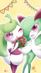 Rule 34 | 2girls, ahoge, arm up, blush, bow, creatures (company), crescent, female focus, game freak, gen 3 pokemon, gen 7 pokemon, gift, green hair, hair over one eye, hands up, happy, heart, heart in eye, highres, holding, kirlia, knees together feet apart, legs together, light blush, looking up, monster girl, muguet, multiple girls, nintendo, one eye closed, open mouth, outline, outstretched arm, pink eyes, plant girl, pokemon, pokemon (creature), red bow, red eyes, red ribbon, ribbon, simple background, smile, standing, star (symbol), steenee, string of flags, symbol in eye, white outline, wink, yellow background