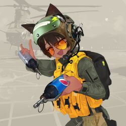 Rule 34 | 1girl, :d, absurdres, aircraft, animal ears, backpack, bag, black bag, bottle, cat ears, ch-47 chinook, fangs, green jumpsuit, grey background, headset, helicopter, helmet, highres, holding, holding bottle, jumpsuit, life vest, looking at viewer, military, military uniform, military vehicle, open mouth, orange-tinted eyewear, pepsi, pilot helmet, pilot suit, polilla, reaching, reaching towards viewer, round eyewear, smile, smirk, solo, standing, tinted eyewear, uniform, vest, water bottle, yellow vest