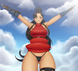 Rule 34 | 1girl, absurdres, aran sweater, armpits, backless dress, backless outfit, backpack, bag, bare shoulders, boots, breasts, cable knit, cameltoe, cowboy shot, curvy, dark-skinned female, dark skin, day, dress, emojo, fingerless gloves, from below, gloves, groin, highres, holding, large breasts, long hair, meme attire, naked sweater, panties, ponytail, self-upload, sideboob, simple background, skindentation, solo, standing, sweater, thigh boots, thigh strap, thighhighs, thighs, turtleneck, underwear, very long hair, virgin killer sweater