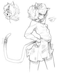 Rule 34 | 1girl, aeyga, animal ears, belt, cat ears, cat girl, cat tail, frown, highres, looking to the side, open mouth, original, ribbon, short hair, sketch, skirt, solo, tail