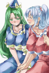 Rule 34 | 2girls, ^ ^, blush, breasts, capelet, choker, closed eyes, green eyes, green hair, hair bobbles, hair intakes, hair ornament, hand on another&#039;s thigh, hat, large breasts, long hair, matching outfits, mima (touhou), multiple girls, open mouth, shinki (touhou), side ponytail, silver hair, skirt, smile, touhou, touhou (pc-98), underboob, yohane, yuri