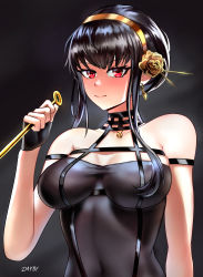 Rule 34 | 1girl, bare shoulders, black gloves, black hair, blush, breasts, choker, dagger, dayby, dress, earrings, fingerless gloves, gloves, hairband, highres, holding, holding weapon, jewelry, knife, lamp, long hair, looking at viewer, looking back, medium breasts, off-shoulder dress, off shoulder, red eyes, sidelocks, solo, spy x family, strap slip, upper body, weapon, yor briar