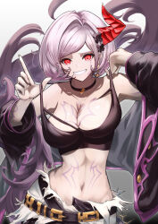 Rule 34 | 1girl, absurdres, bare shoulders, belt, breast tattoo, breasts, choker, crop top, djeeta (granblue fantasy), forbidden alter ego (granblue fantasy), granblue fantasy, grin, hands up, highres, horns, jacket, kinoyama (0202), large breasts, long sleeves, midriff, multiple belts, navel, open clothes, open jacket, parted bangs, purple hair, raised eyebrow, red eyes, red horns, short hair, single horn, smile, solo, stomach, stomach tattoo, strap lift, tattoo, wide sleeves