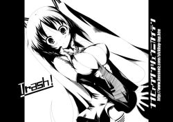 Rule 34 | 1girl, between breasts, breasts, greyscale, hatsune miku, high contrast, monochrome, necktie, open clothes, open shirt, panties, shirt, solo, striped clothes, striped panties, twintails, underwear, vocaloid