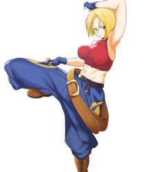 Rule 34 | 1girl, abs, arm up, armpits, belt, blonde hair, blue eyes, blue mary, bob cut, boots, breasts, crop top, covered erect nipples, fatal fury, female focus, fingerless gloves, gloves, halterneck, halterneck, large breasts, leg up, midriff, multiple belts, muscular, navel, open mouth, outstretched arms, pants, short hair, skin tight, smile, snk, solo, tank top, the king of fighters, the king of fighters xi, yaman (yamanta lov)