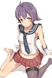 Rule 34 | 1girl, alchera, anchor symbol, barefoot, black sailor collar, brown eyes, commentary request, gloves, kantai collection, looking at viewer, navel, pleated skirt, purple hair, red skirt, sailor collar, sakawa (kancolle), shirt, short hair, simple background, single thighhigh, sitting, skirt, sleeveless, sleeveless shirt, solo, thighhighs, wariza, white background, white gloves