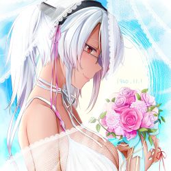 Rule 34 | 1girl, absurdres, alternate costume, blue background, blush, bouquet, breasts, bridal veil, cleavage, closed mouth, dark-skinned female, dark skin, dress, flower, from side, glasses, headgear, highres, holding, holding bouquet, kantai collection, large breasts, lips, long hair, looking at viewer, musashi (kancolle), musashi kai ni (kancolle), red eyes, see-through, simple background, smile, solo, upper body, veil, very long hair, wedding dress, white dress, white hair, yunamaro