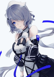 Rule 34 | 1girl, arknights, banned artist, bare shoulders, black dress, blue eyes, blue hair, breasts, commentary request, dress, eyepatch, gloves, grey background, hand on own chest, kyoeiki, long hair, looking at viewer, medium breasts, partial commentary, simple background, solo, syringe, upper body, whisperain (arknights), white gloves, white headwear