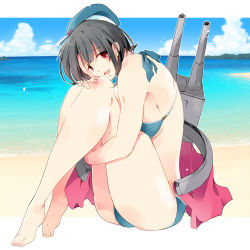 Rule 34 | 10s, 1girl, bad id, bad pixiv id, barefoot, beach, bikini, black hair, breasts, day, fetal position, full body, ginmona, hat, kantai collection, medium breasts, personification, plantar flexion, red eyes, short hair, sitting, solo, swimsuit, takao (kancolle)