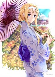 Rule 34 | 1girl, alice zuberg, alternate costume, blonde hair, blue eyes, blue kimono, cowboy shot, floral print, from side, hairband, highres, holding, holding umbrella, japanese clothes, kimono, looking at viewer, oil-paper umbrella, parted lips, print kimono, shi-2, short hair with long locks, sidelocks, solo, standing, sword art online, twitter username, umbrella, white hairband