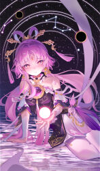 Rule 34 | 1girl, absurdres, artist name, bare shoulders, black dress, black sun, blush, bow-shaped hair, collar, commentary request, constellation, detached sleeves, dress, feet out of frame, forehead jewel, fu xuan (honkai: star rail), hair ornament, hair rings, hair stick, hand on ground, highres, honkai: star rail, honkai (series), liloumaotou, long hair, looking at viewer, low twintails, orb, pantyhose, parted bangs, parted lips, pink eyes, pink hair, sky, solo, star (sky), starry sky, sun, twintails, two-tone dress, two-tone eyes, water, white collar, white dress, white pantyhose, yellow eyes