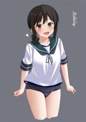 Rule 34 | 1girl, black eyes, black hair, blue sailor collar, blue one-piece swimsuit, brown eyes, fubuki (kancolle), highres, ishida arata, kantai collection, low ponytail, neckerchief, old school swimsuit, one-piece swimsuit, ponytail, sailor collar, sailor shirt, school swimsuit, school uniform, serafuku, shirt, short ponytail, short sleeves, sidelocks, solo, swimsuit, swimsuit under clothes
