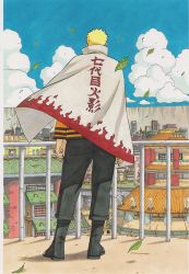 Rule 34 | 1boy, absurdres, back, blonde hair, blue sky, city, cleaned, cloak, cloud, highres, kishimoto masashi, leaf, male focus, naruto, naruto (series), official art, rooftop, sky, solo, spiked hair, spoilers, standing, uzumaki naruto, volume cover