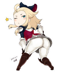 Rule 34 | 1girl, ahoge, ass, blonde hair, blue eyes, boots, bow, bravely default: flying fairy, bravely default (series), commentary, dated, edea lee, from behind, full body, gloves, hair bow, long hair, looking at viewer, looking back, one eye closed, pants, simple background, solo, tsukudani (coke-buta), white background