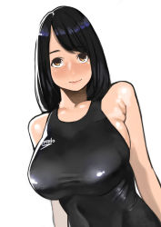 Rule 34 | 1girl, absurdres, bad id, bad pixiv id, bare shoulders, black hair, blush, breasts, brown eyes, competition swimsuit, female focus, highres, large breasts, long hair, looking at viewer, one-piece swimsuit, original, smile, solo, swimsuit, upper body, white background, yomu (sgt epper)
