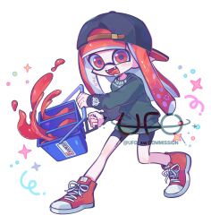 Rule 34 | 1girl, backwards hat, baseball cap, bike shorts, commentary request, commission, cross-laced footwear, full body, hat, highres, holding, holding weapon, inkling, inkling girl, inkling player character, korean commentary, nintendo, open mouth, red eyes, red footwear, red hair, shoes, simple background, smile, solo, sparkle, splatoon (series), splatoon 3, teeth, tri-slosher (splatoon), ufo sw, watermark, weapon, white background